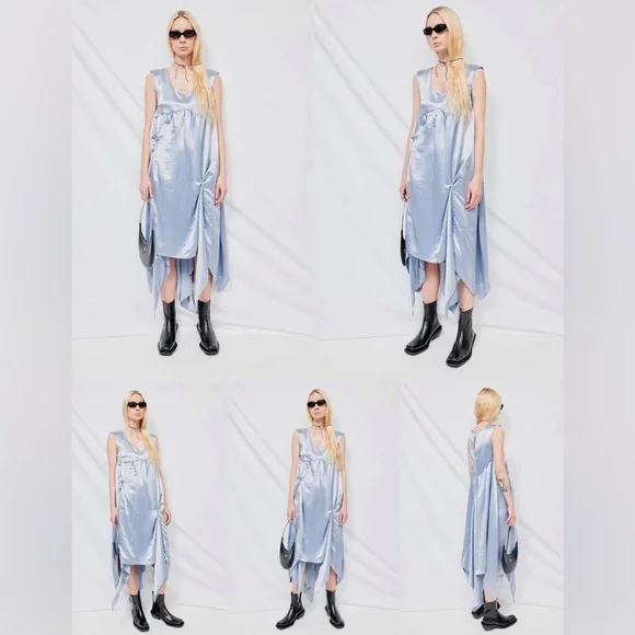 Collina Strada Dara Light Blue Satin Midi Dress Drapey Asymmetric Avant Garde - Picture 4 of 16